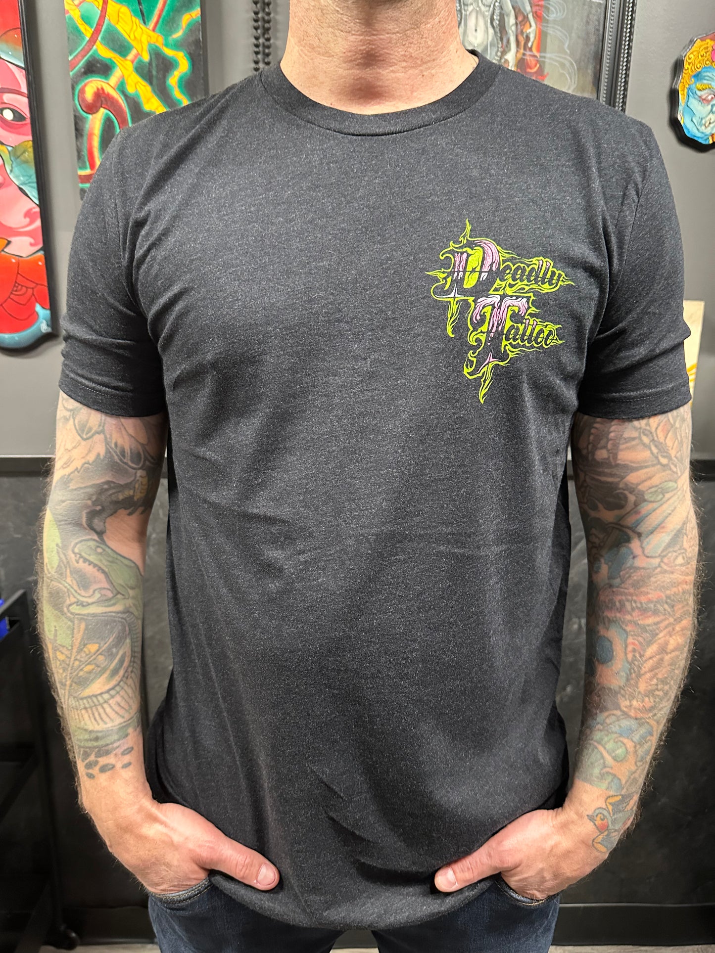 Pink and Green Dragon Unisex Deadly T-shirt